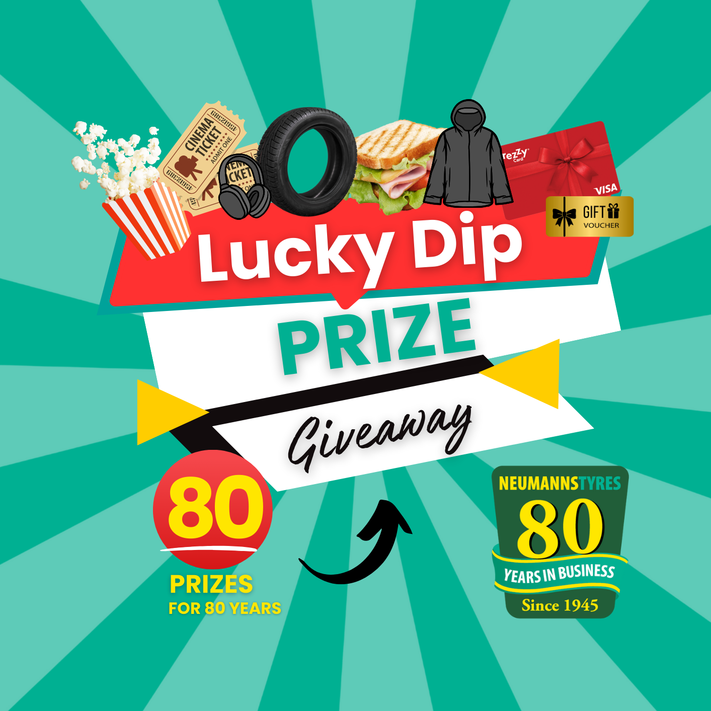 Neumanns Tyre 80 prizes for 80 years promotional image with lucky dip prize giveaway pictures.